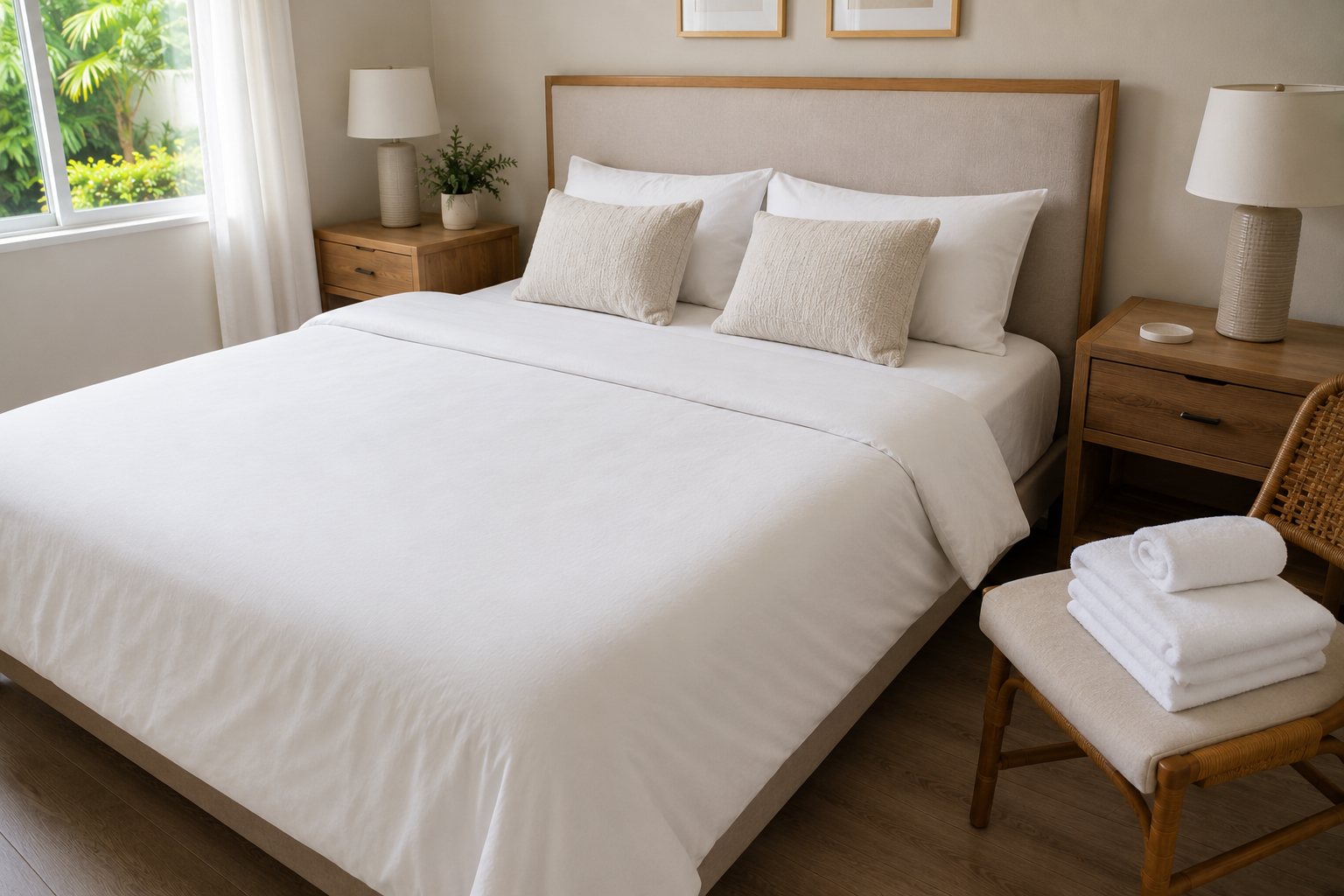 Airbnb bedroom after turnover cleaning with made bed and folded towels