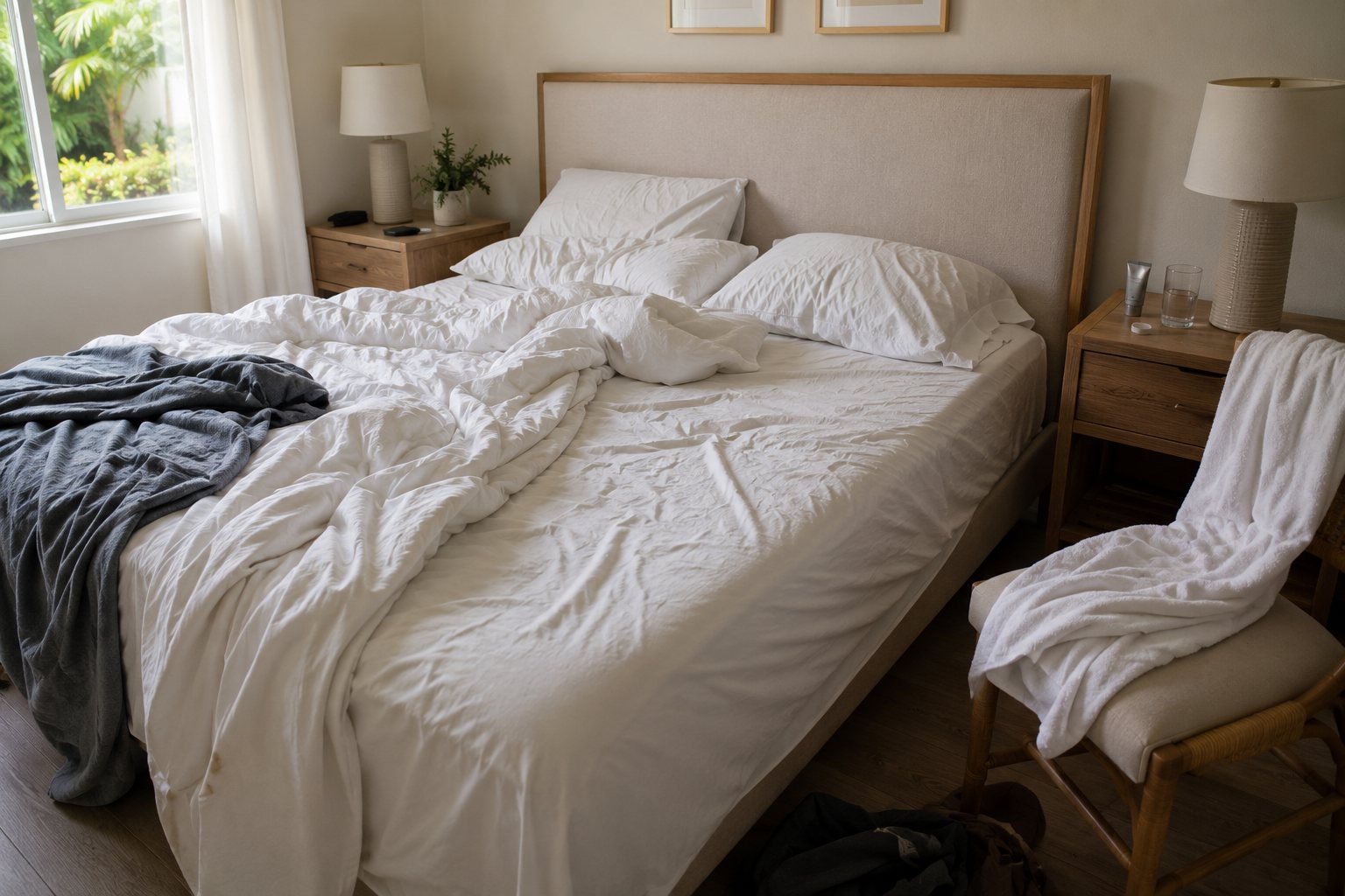 Airbnb bedroom before turnover cleaning with unmade bed and towels out of place