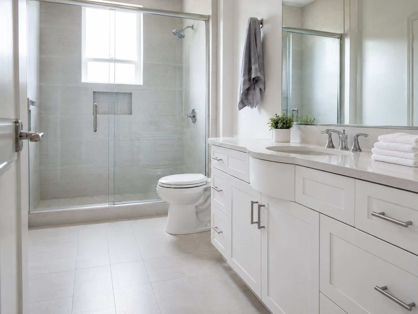 Bright bathroom after detailed glass and vanity cleaning