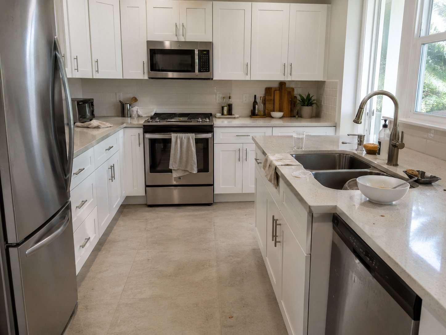 White kitchen before deep cleaning with dishes, crumbs and used towels